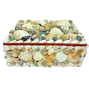 Handmade Coastal Seashell Encrusted Trinket Jewelry Box Vintage Boho MCM